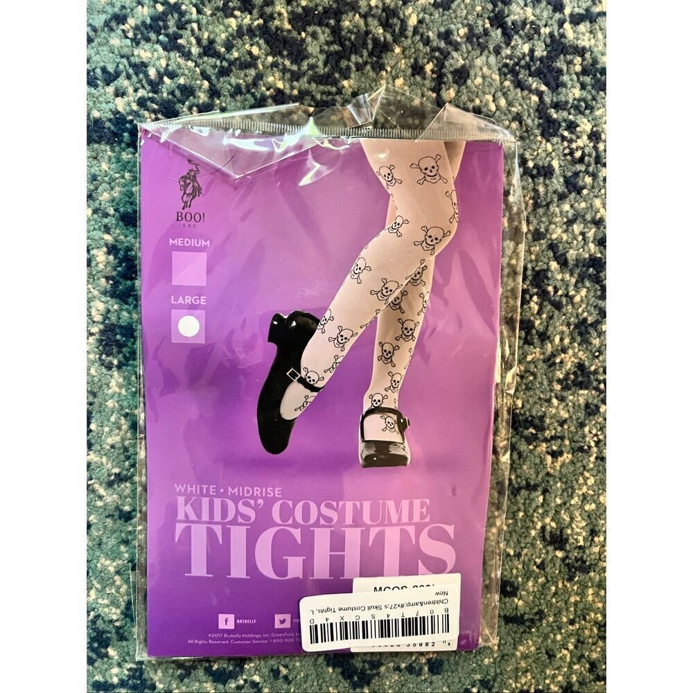 New! Boo! Inc Black White Glitter Skull Costume Tights Girls Large